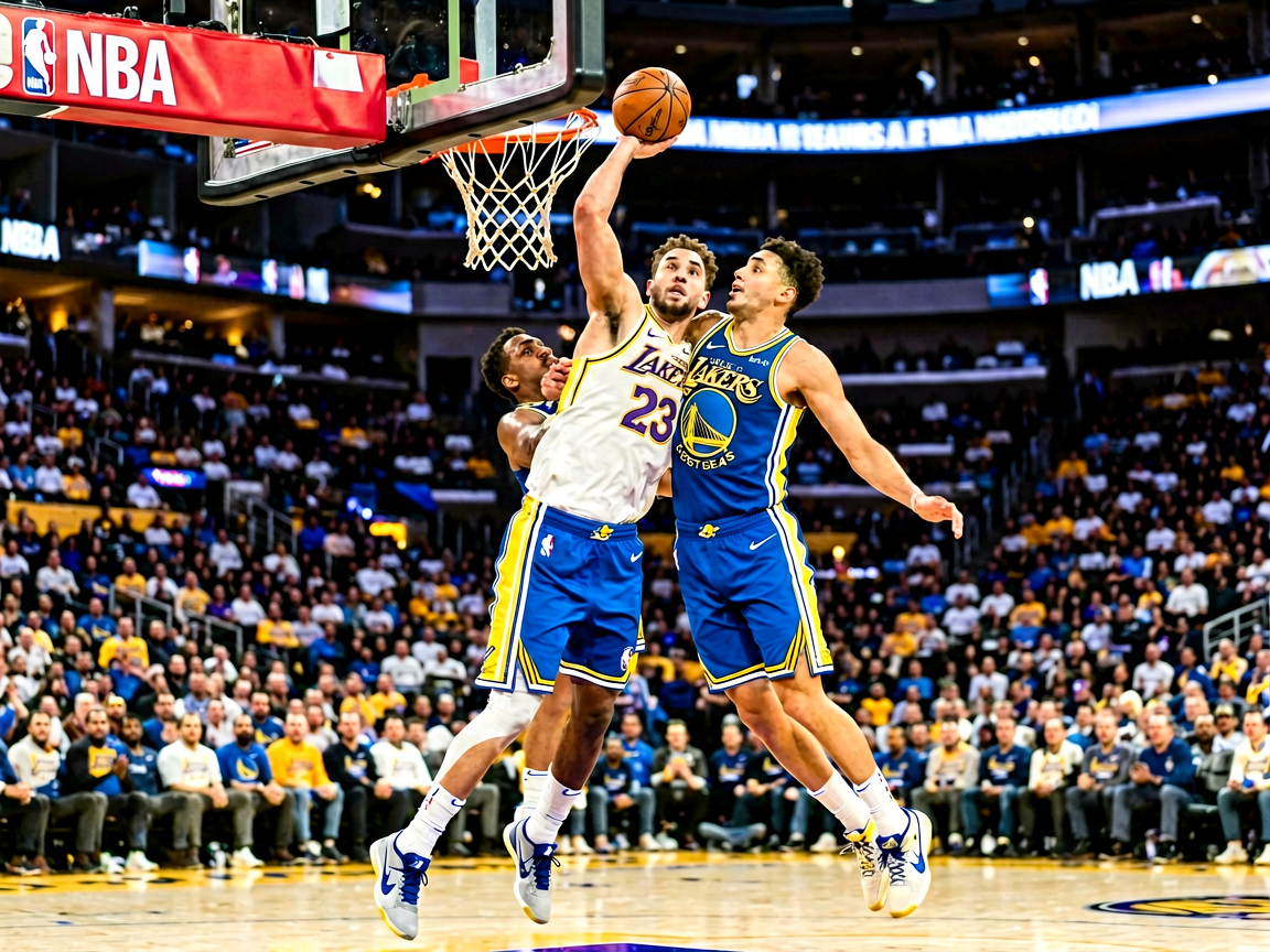 NBA季后赛激烈对抗场景，球员突破上篮